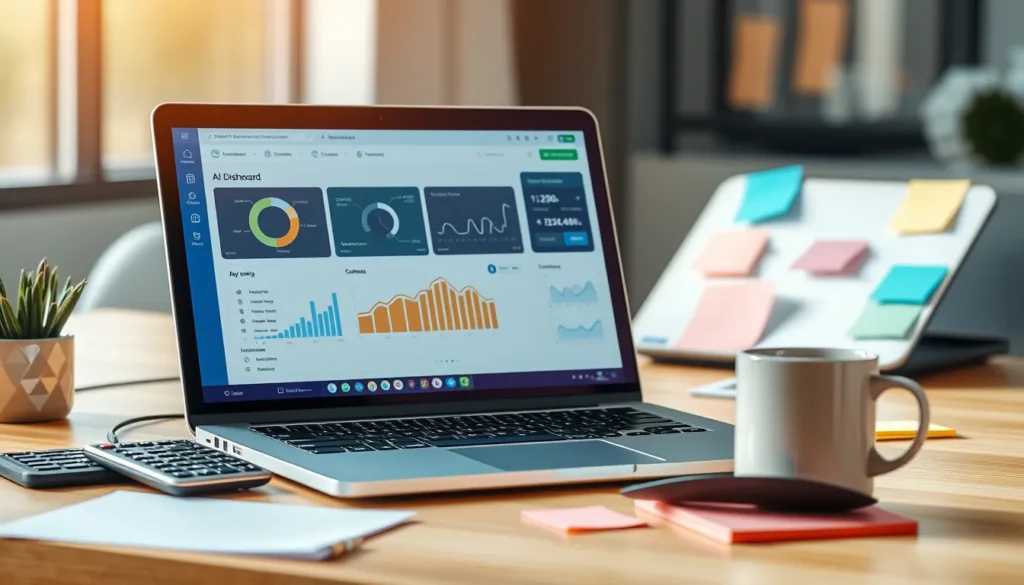 Desk with laptop showing AI dashboard, calculator, coffee mug, sticky notes.