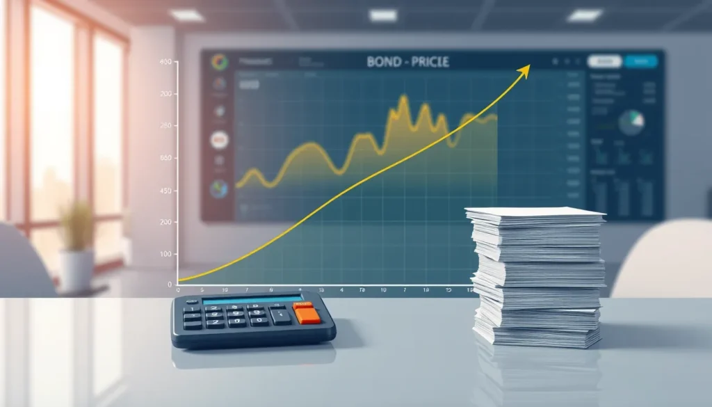 A realistic illustration of a bond price-yield curve with a calculator and bond stack in a modern office setting.