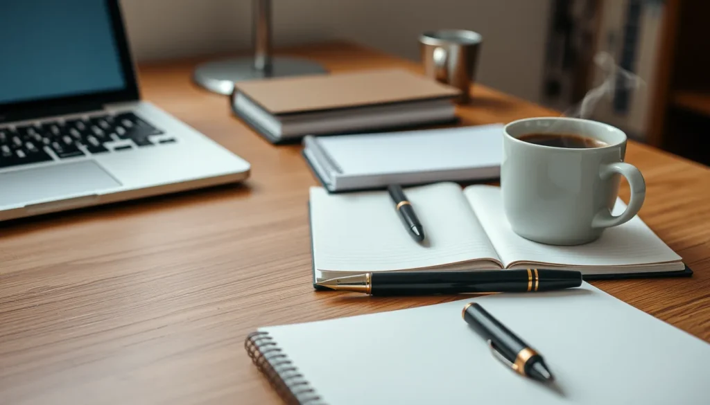 Desk with laptop, notebook, pen, coffee mug, plant