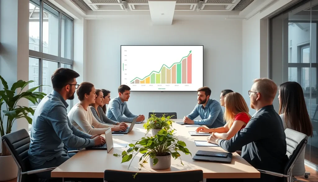 A conference room with a digital screen, green plant, and diverse professionals collaborating.